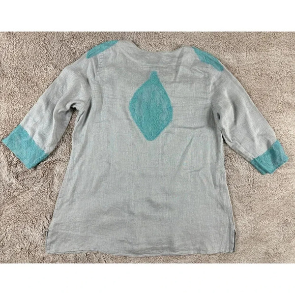 Soft Surroundings Linen Tunic Top Size L Gray Aqua Lace Boho 3/4 Sleeves - Picture 12 of 16